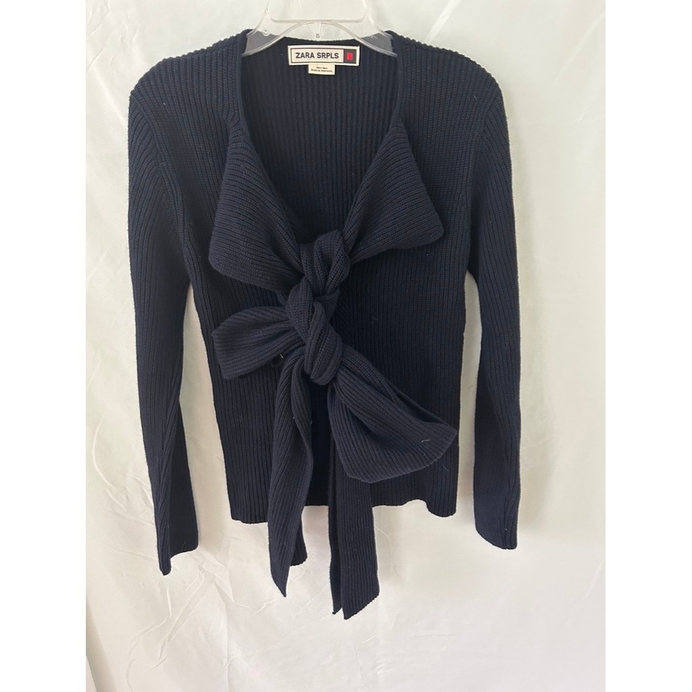 Zara SRPLS Navy Blue Ribbed Wool Cashmere Tie Front Bow Sweater Womens Small S